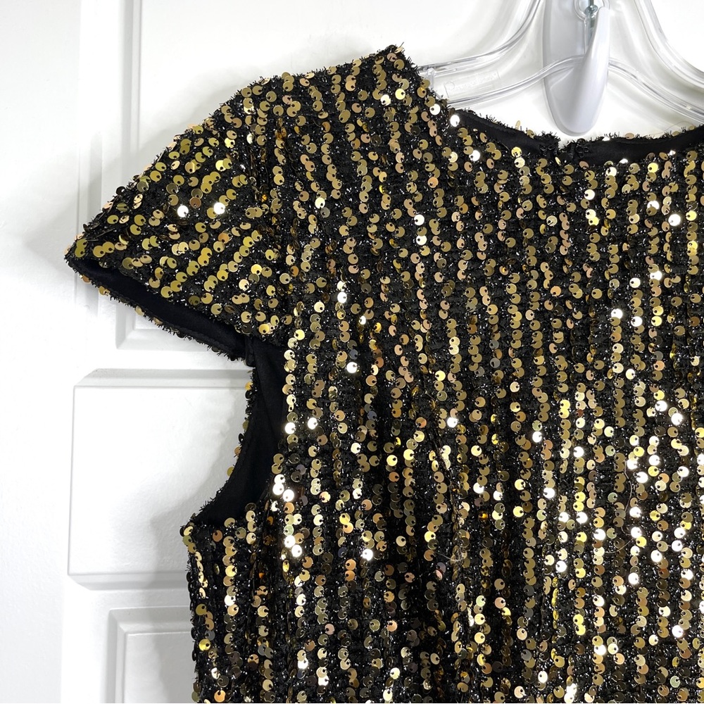 IEENA FOR MAC DUGGAL Sequined Cap Sleeve High Neck Gown NEW Size 8 Black Gold - Picture 6 of 14